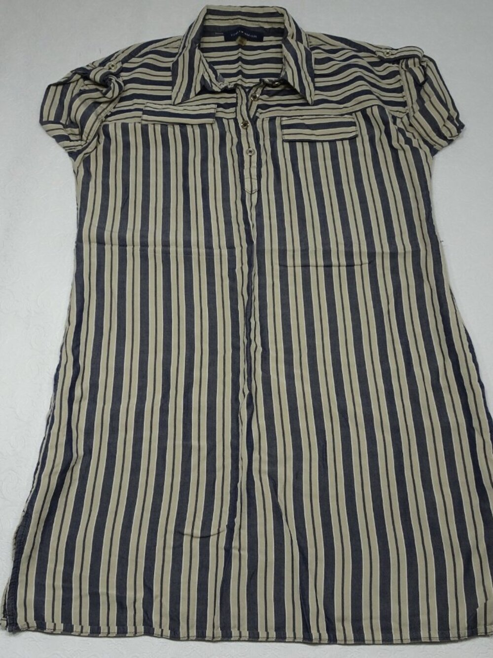 Tommy Hilfiger Size 10 Button V Neck Shirt Dress Striped Pull Over Cap Sleeve